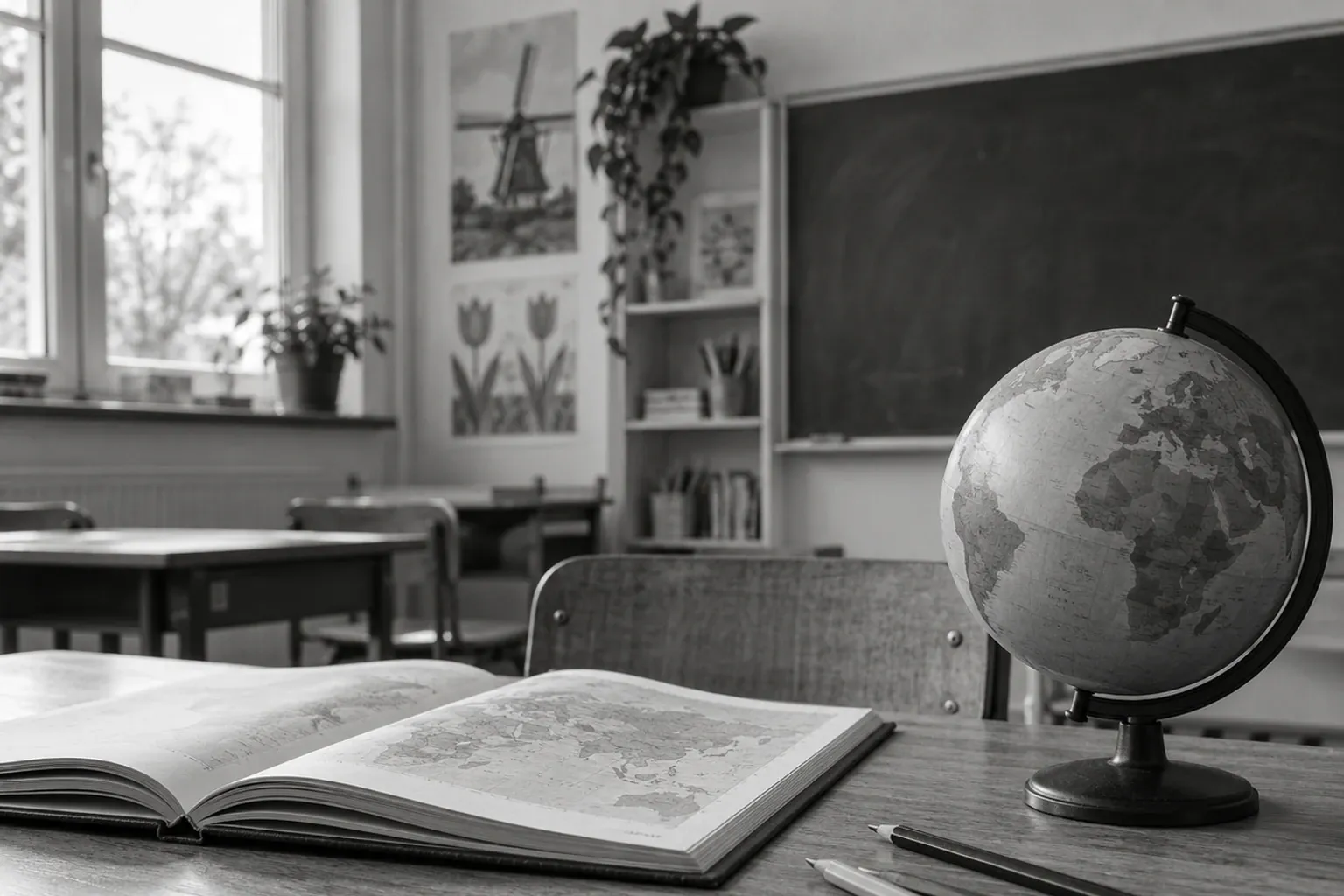 Schoolklaslokaal met open atlas op tafel en wereldbol naast potloden