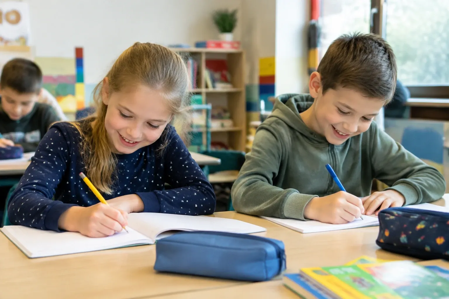 Twee basisschoolleerlingen schrijvend in schriften, glimlachend aan een klaslokaaltafel