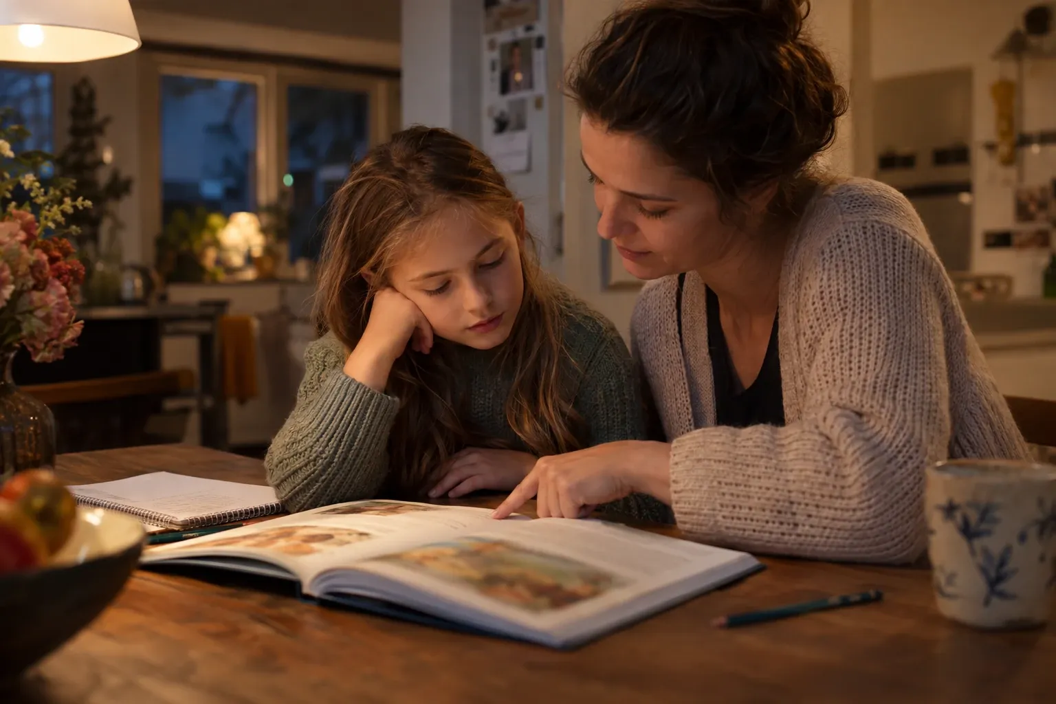 Vrouw wijst samen met meisje naar tekst in open leesboek aan keukentafel