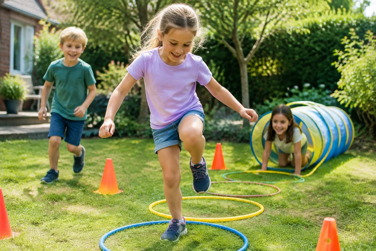 Drie spelende kinderen springen door hoepels en kruipen door tunnels in tuin