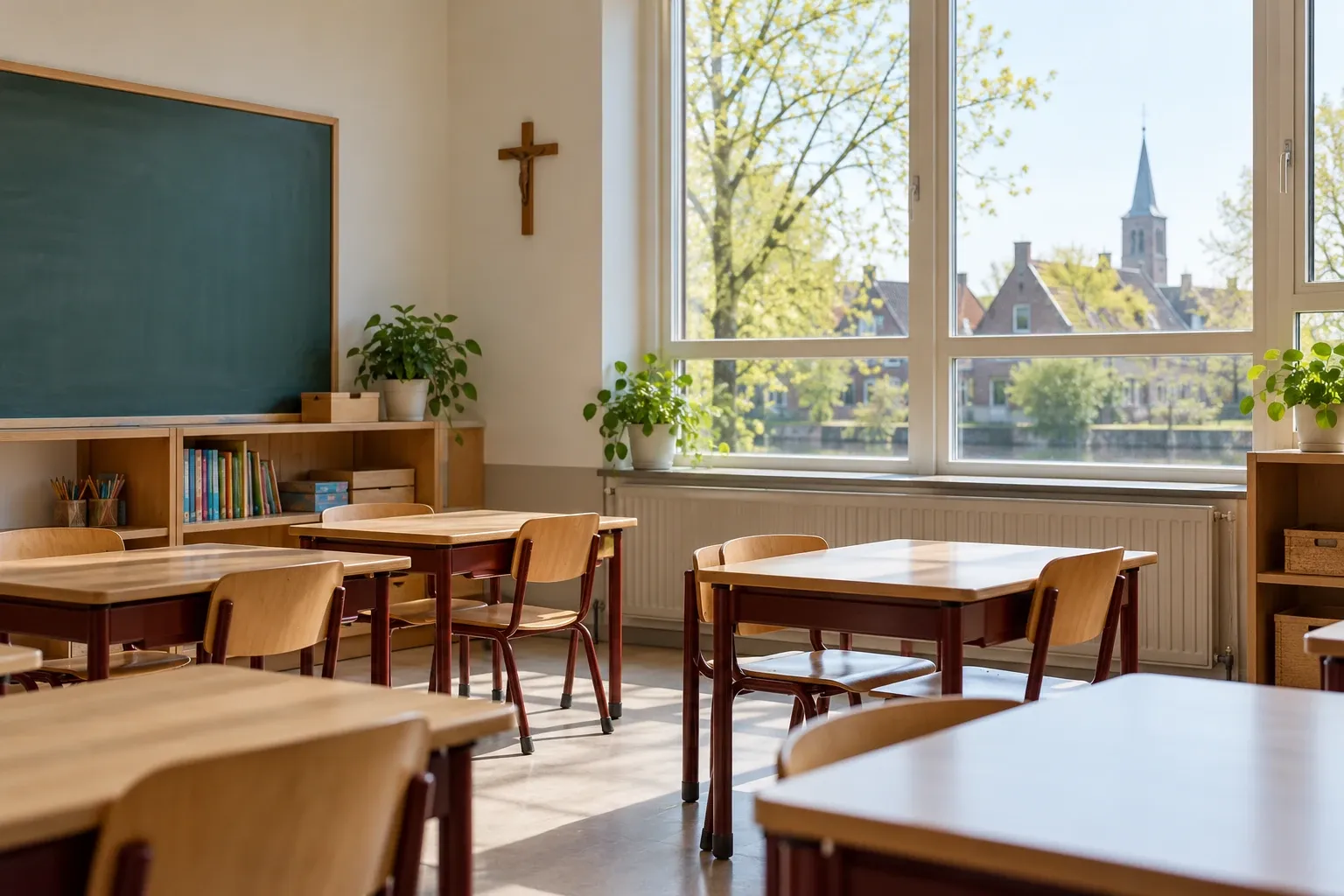 Licht klaslokaal met lege houten tafels, krijtbord, planten en kruis aan muur