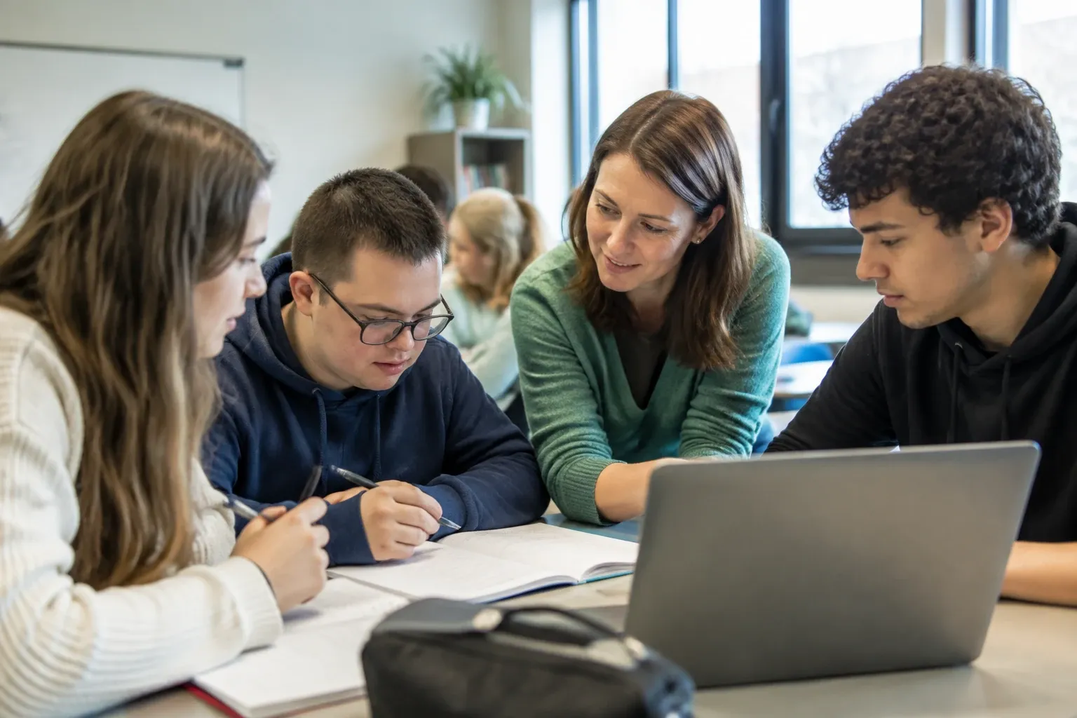 Docente helpt vier leerlingen rond tafel met schrift en laptop in klaslokaal