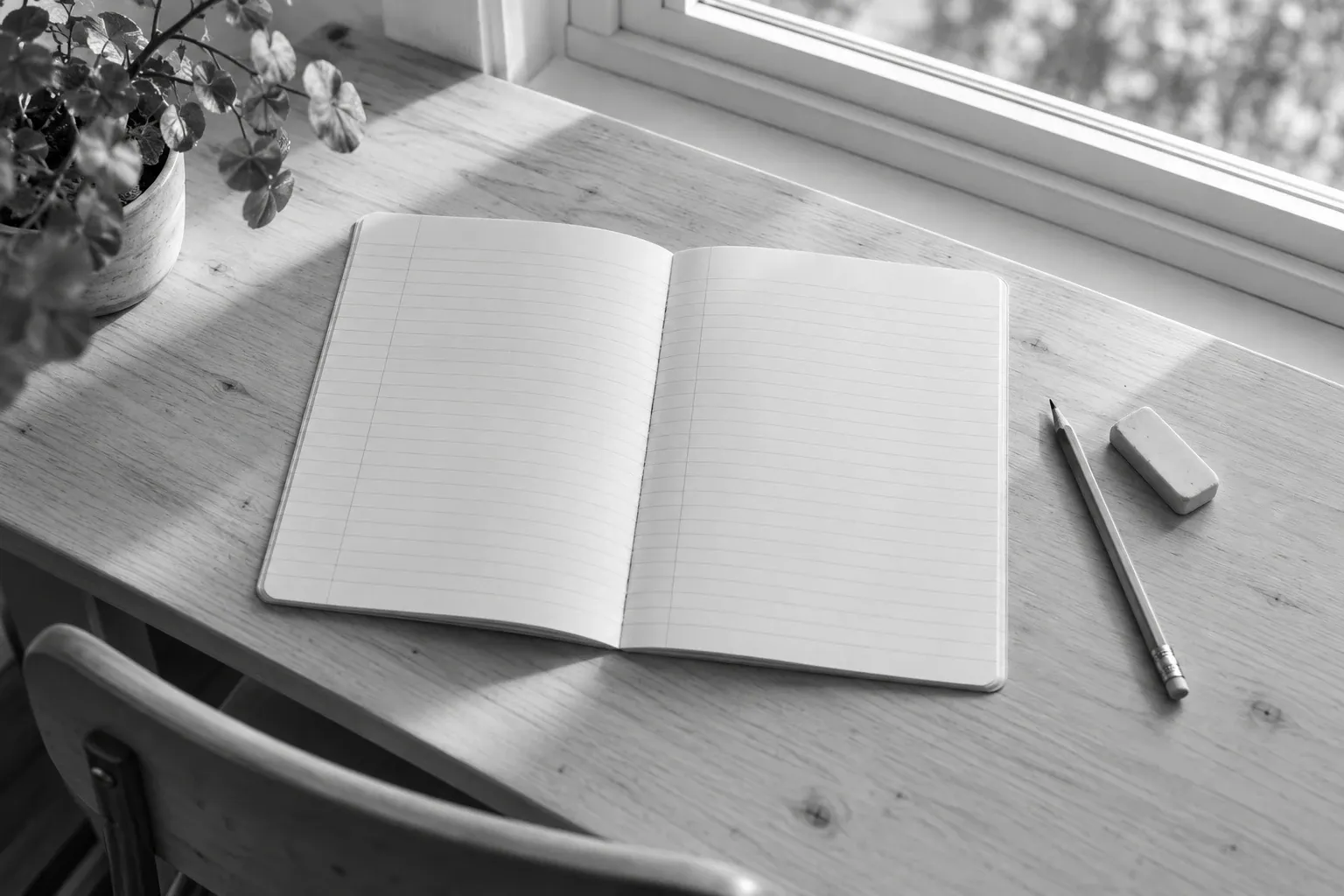 Open schrift op bureau bij raam, potlood en gum naast plantenpot