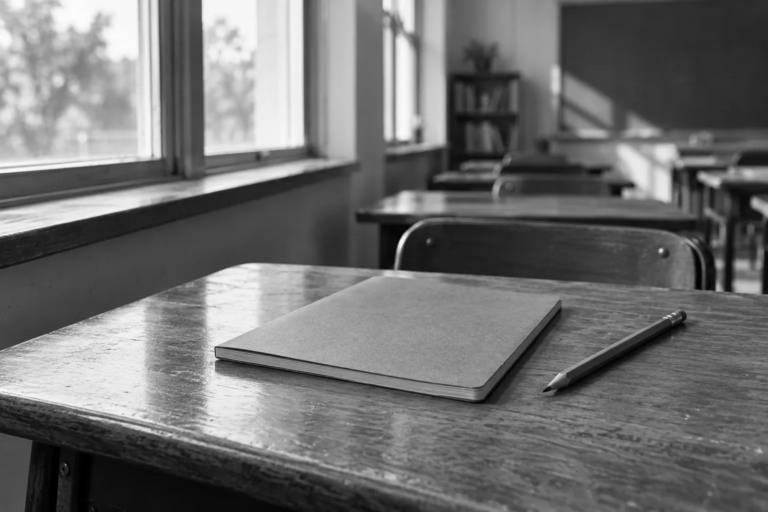 Schoolbank met schrift en potlood, leeg klaslokaal bij zonlicht door het raam