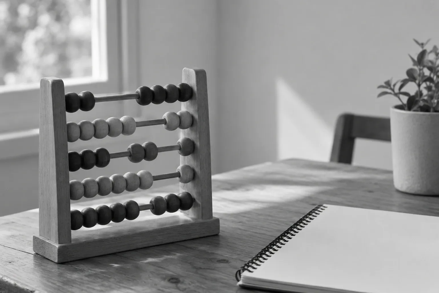 Houten telraam op tafel naast leeg notitieboek en plantenpot in zonlicht