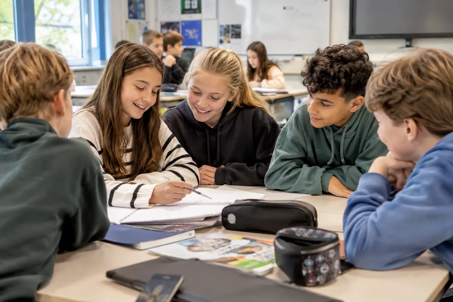 Vijf leerlingen van groep 8 samenwerken rond tafel, bespreken aantekeningen en opdrachten