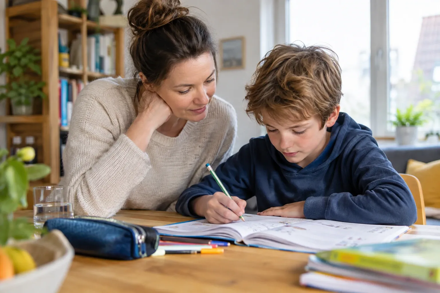 Vrouw begeleidt jongen bij huiswerk aan tafel, open werkboek, potloden zichtbaar