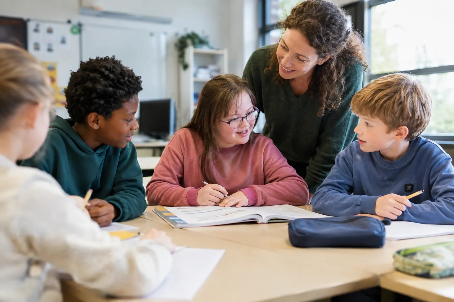 Leraar buigt over meisje met Downsyndroom terwijl groep kinderen samenwerkt aan opdracht