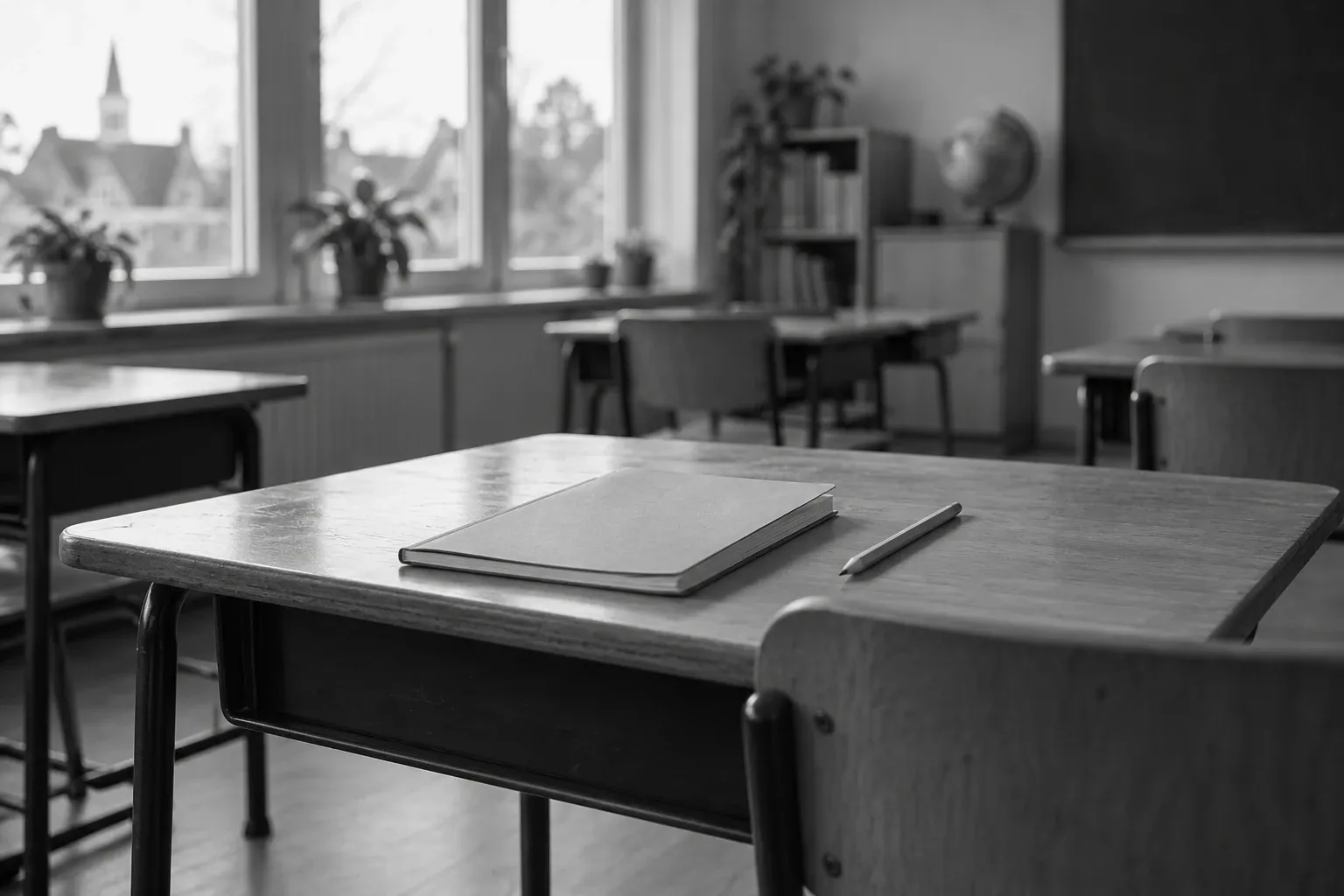 Schoolklaslokaal met leeg bureau, schrift en potlood naast stoel bij raam