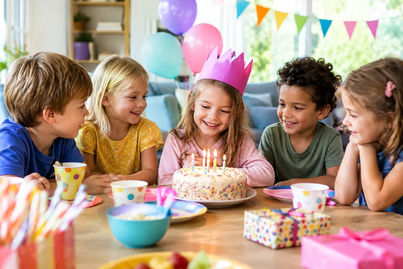 Vijfjarige met roze kroon blazend op verjaardagstaart, vrienden rond feestelijk versierde tafel