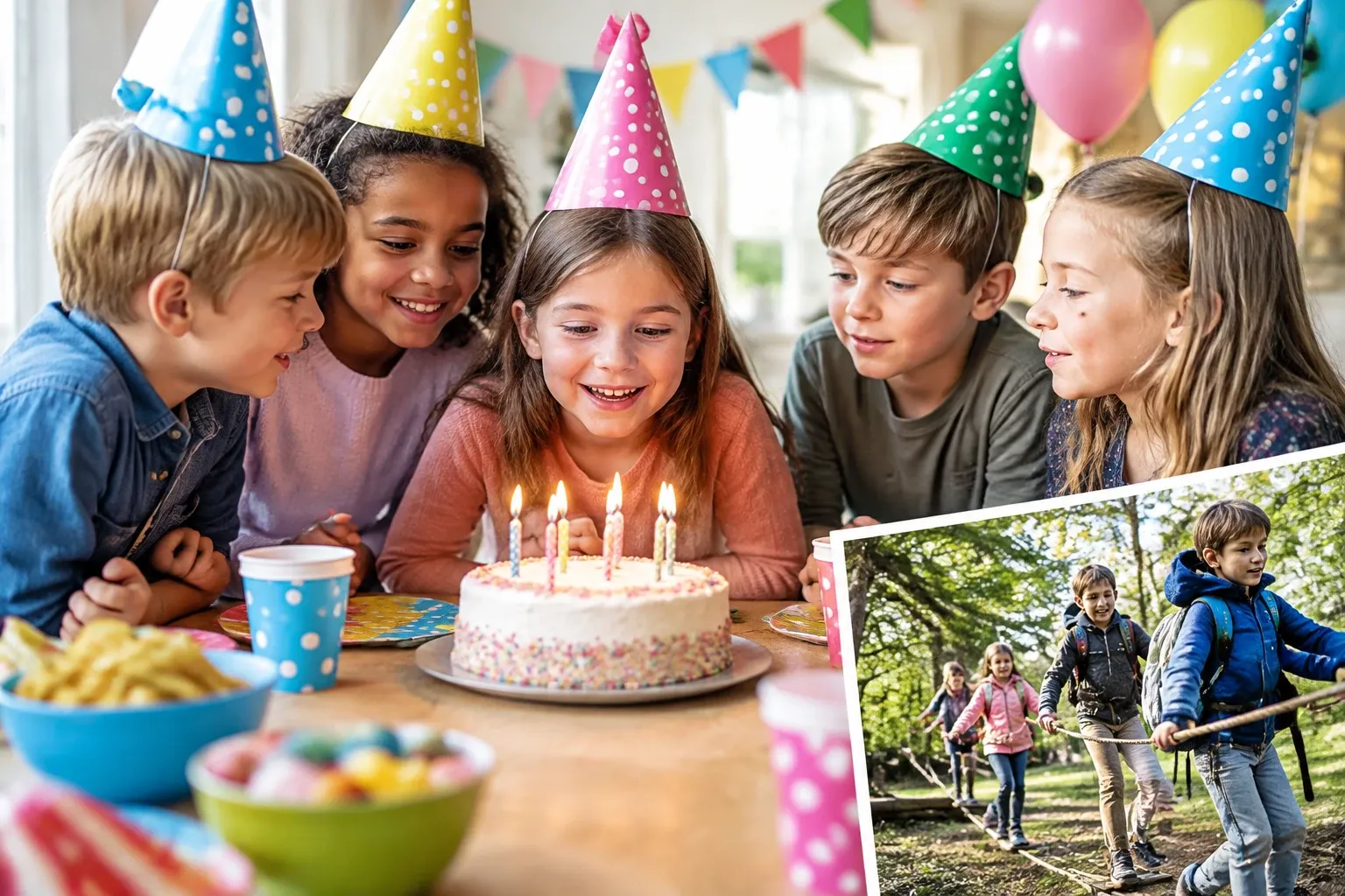 Kinderen in feesthoedjes blazen kaarsen uit op verjaardagsfeestje binnen
