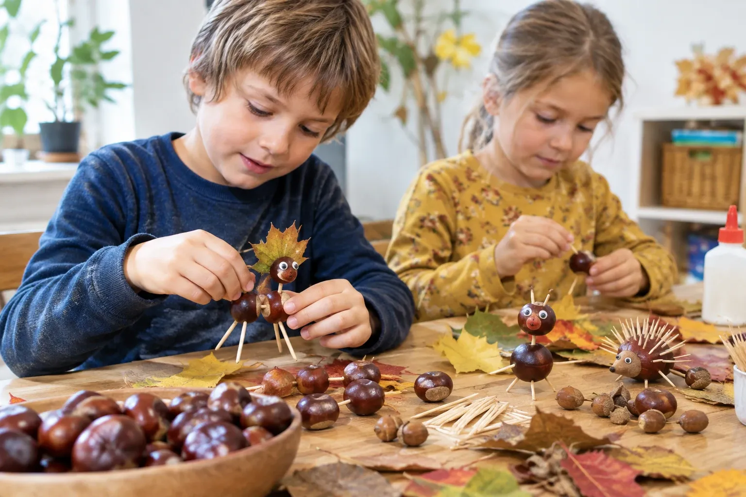 Twee kinderen maken kastanjefiguurtjes met tandenstokers en herfstbladeren op tafel