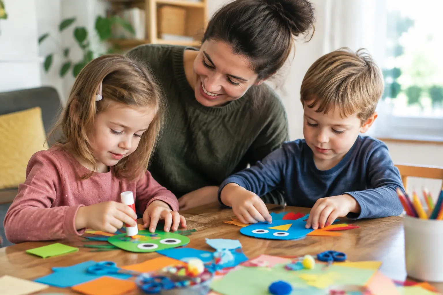 Vrouw lacht terwijl twee kinderen knutselen met gekleurd papier en lijm