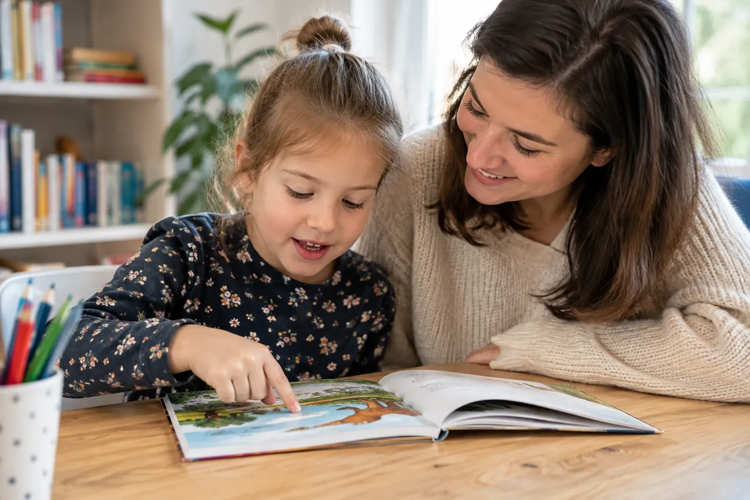 Vrouw leest samen met meisje prentenboek, kind wijst woordjes aan en lacht