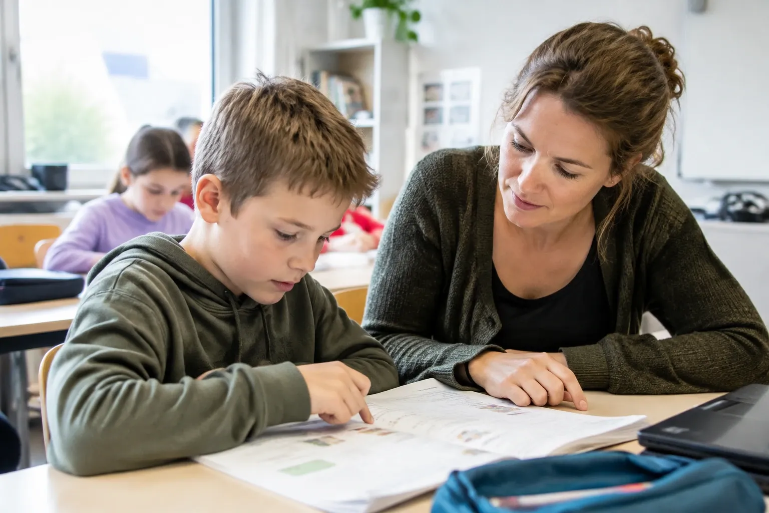 Juf begeleidt jongen bij lezen van werkboek in klas, andere leerling op achtergrond