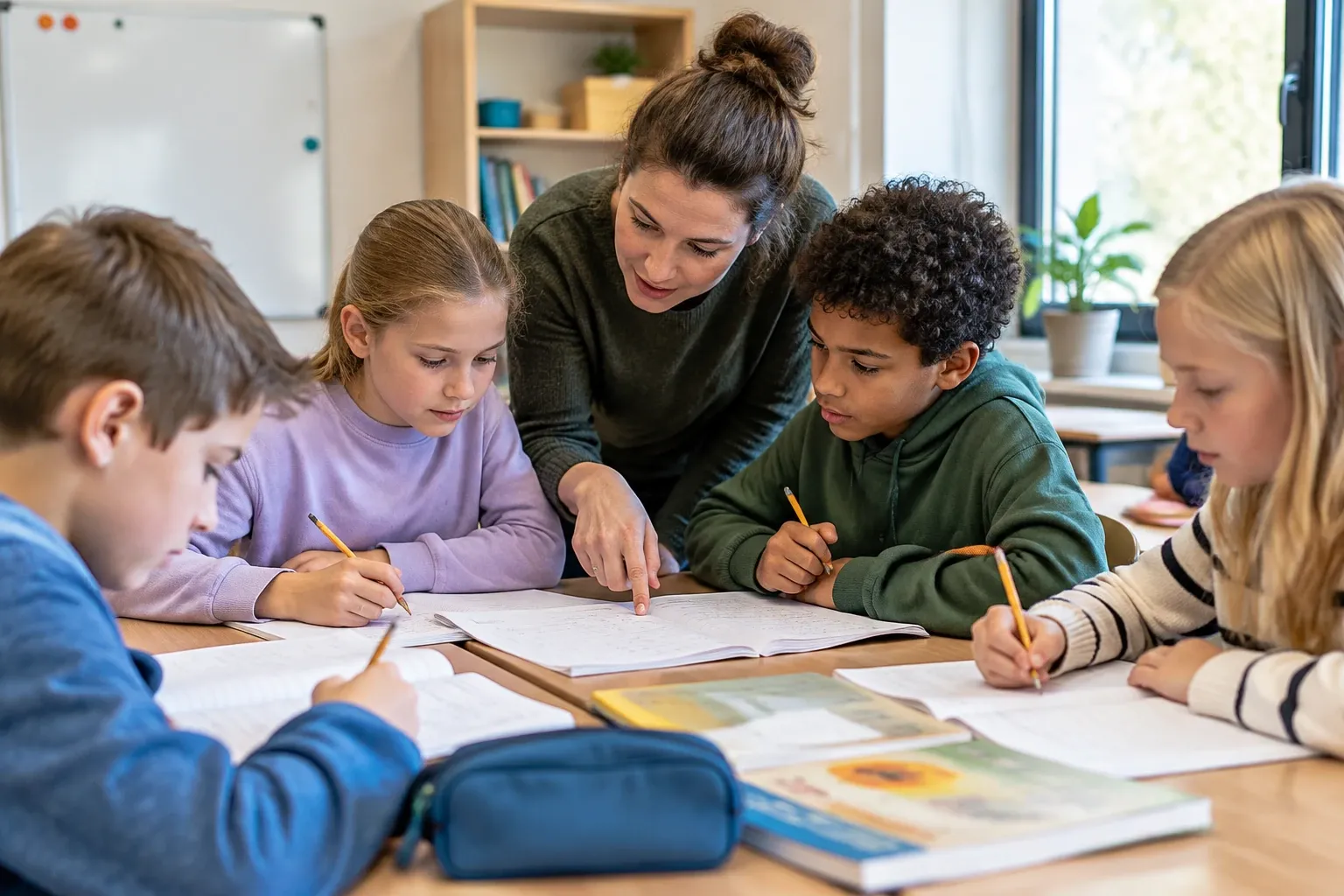 Leerkracht wijst leerlingen groep 7 aan terwijl ze samen redactiesommen maken