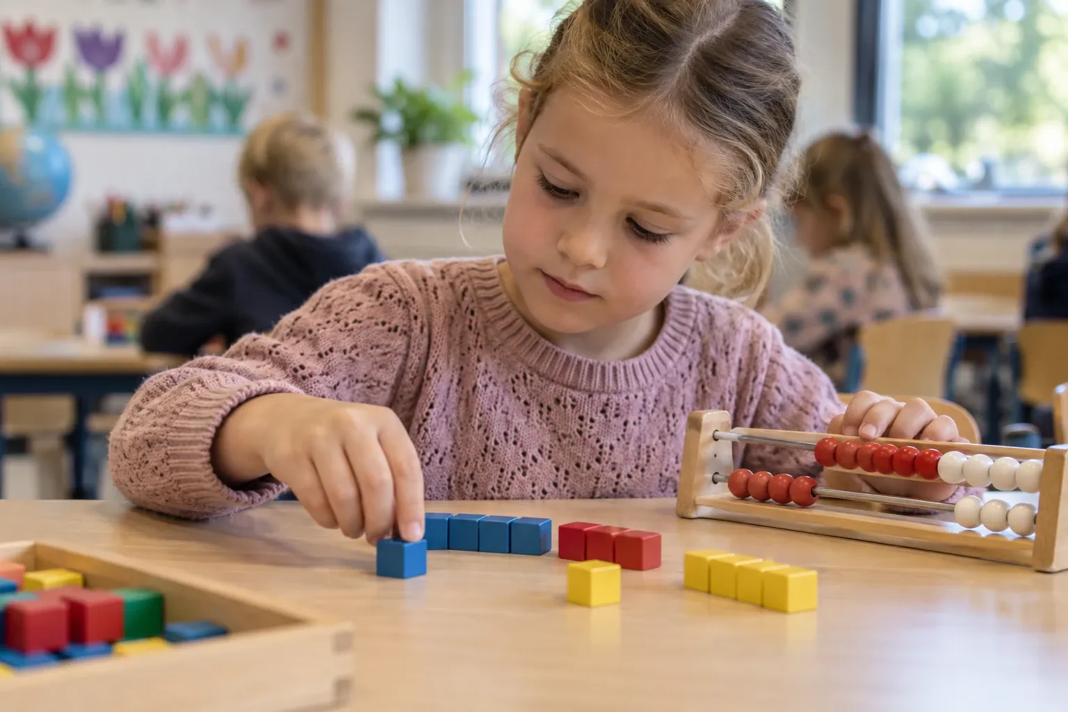 Meisje in klas legt gekleurde rekenblokjes bij elkaar naast een telraam