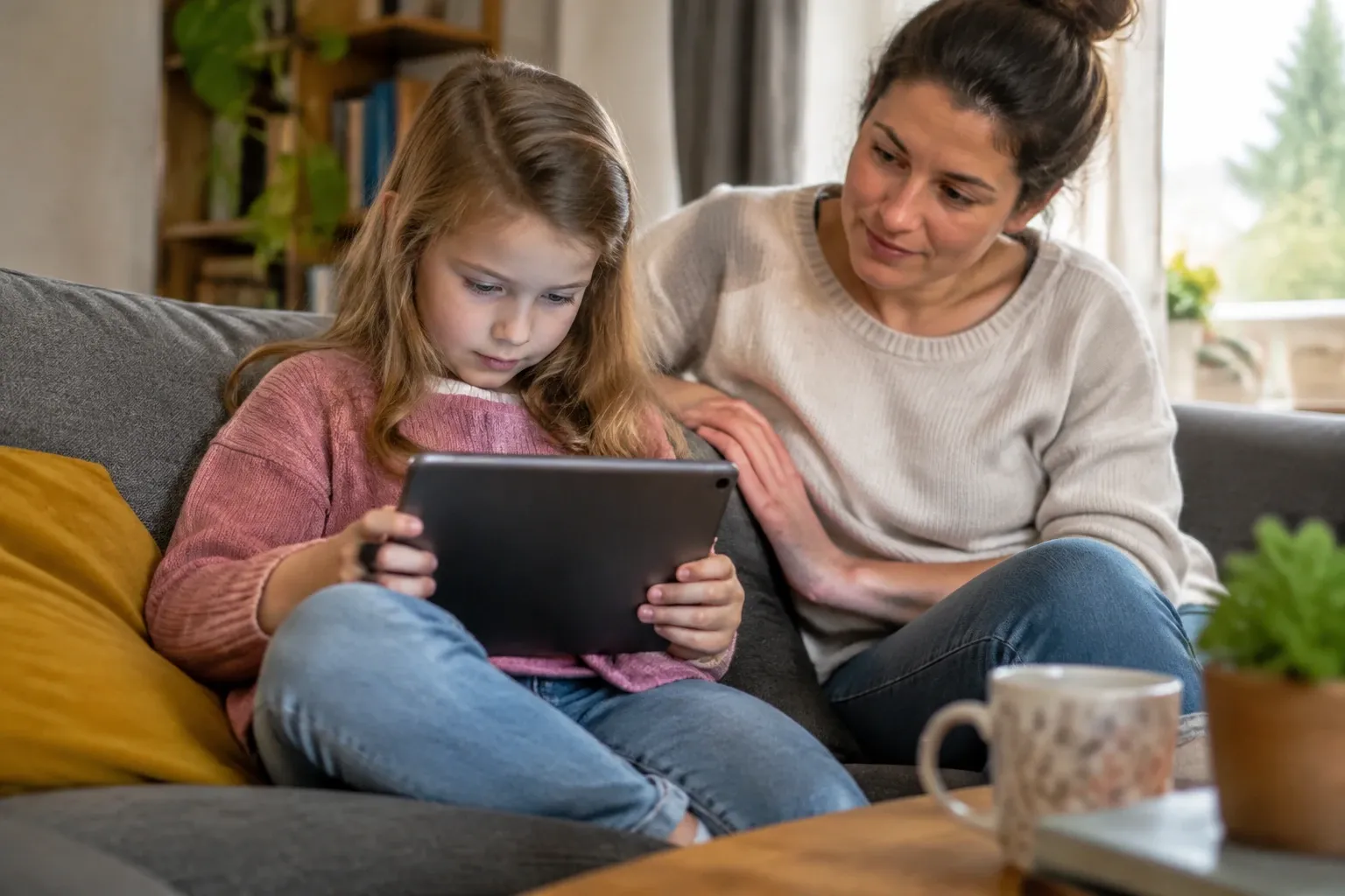Meisje kijkt geconcentreerd naar tablet op bank, moeder kijkt betrokken toe