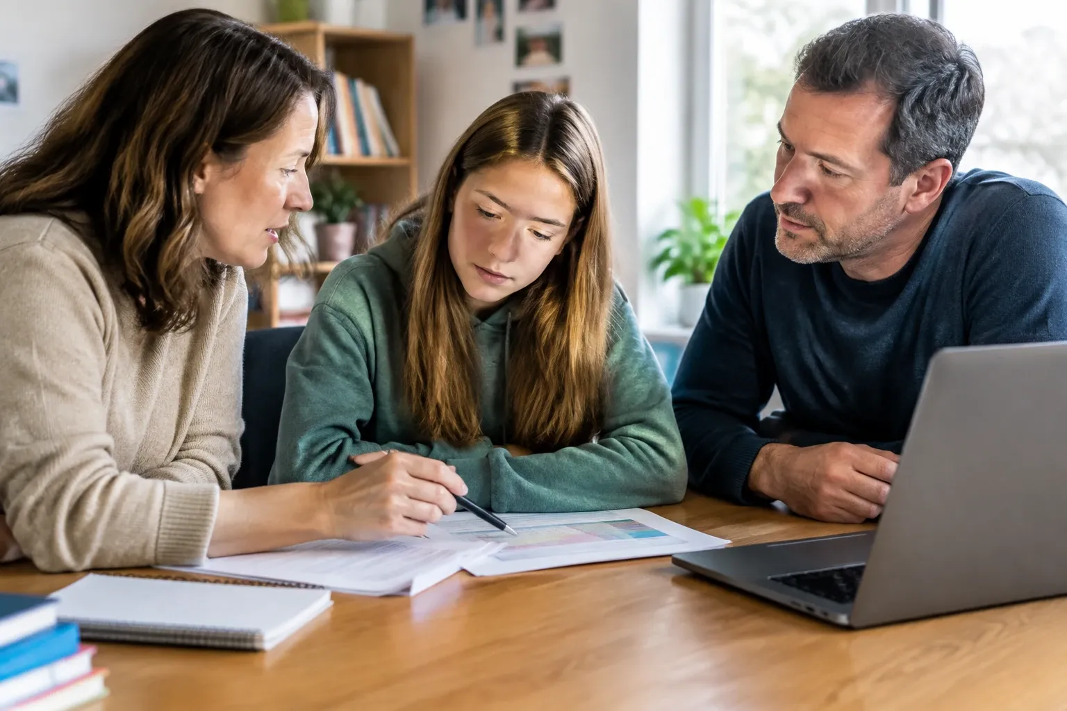 Tienermeisje en ouders bespreken papieren aan tafel met laptop en notitieboek