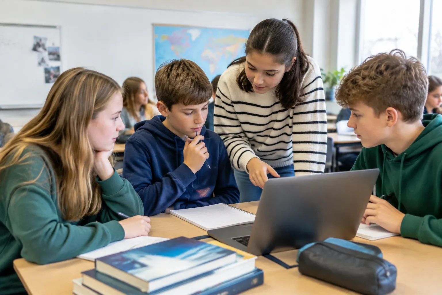 Vier leerlingen in klas rond laptop, één wijst terwijl anderen aandachtig meekijken