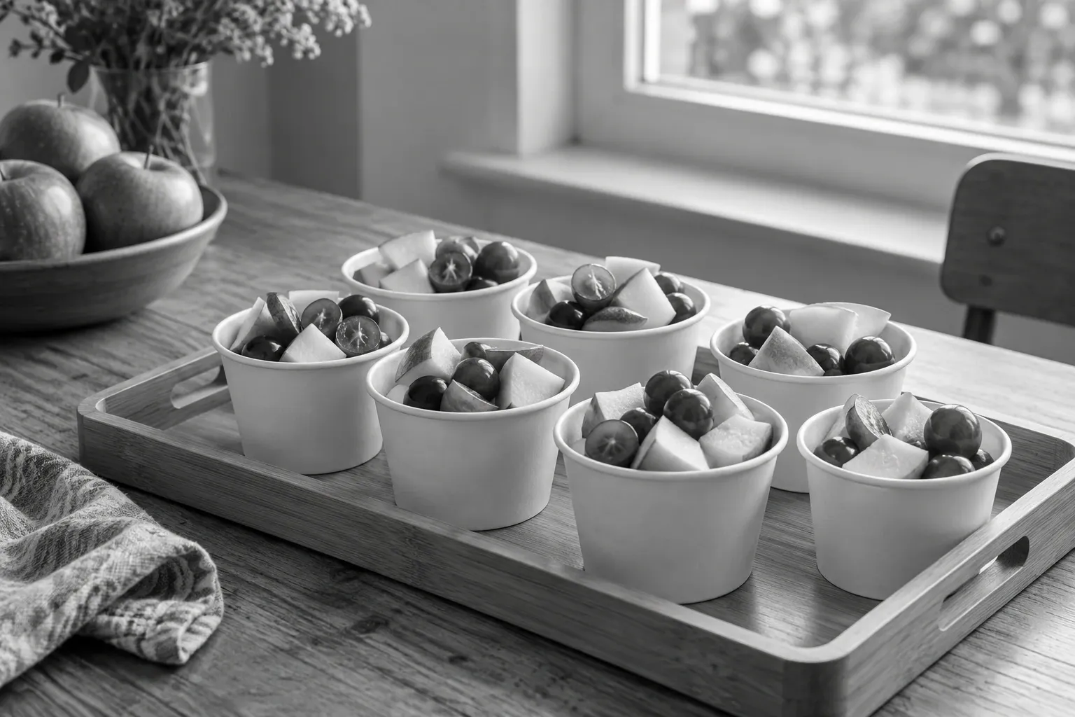 Houten serveertray met acht papieren bakjes gevuld met stukjes appel en cherrytomaten
