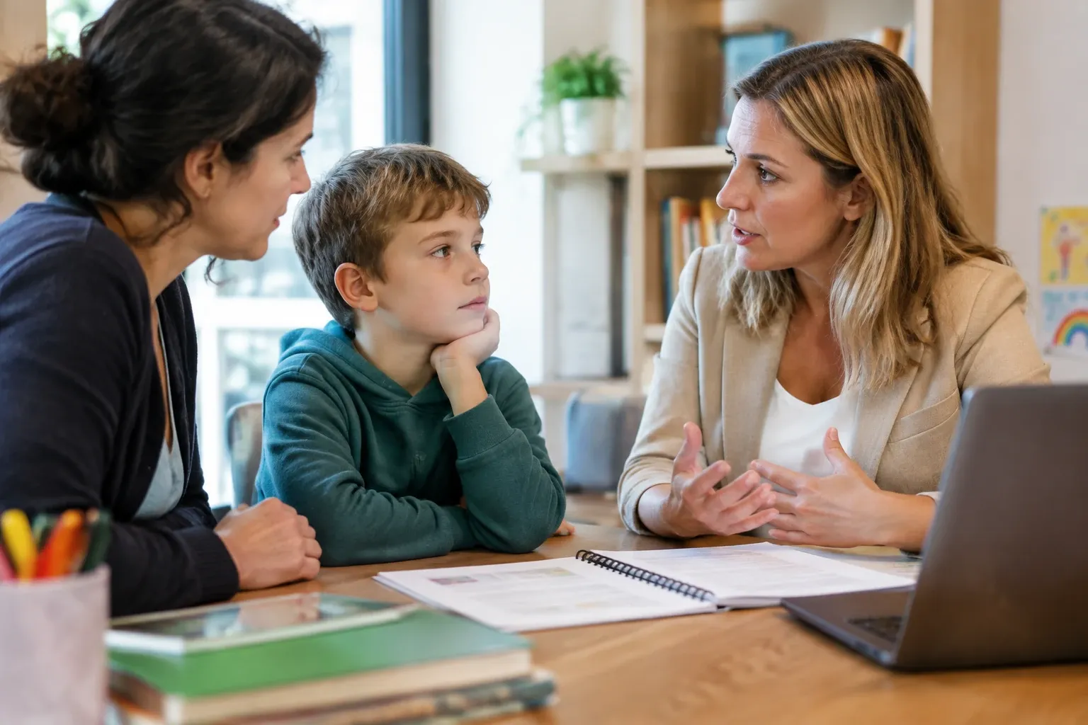 Moeder en schoolmedewerker in gesprek met jongen aan tafel, documenten en laptop aanwezig